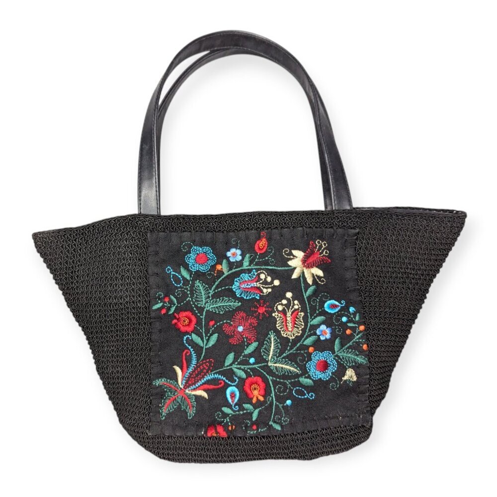 Black Woven Purse with Embroidered Floral Panel 15"